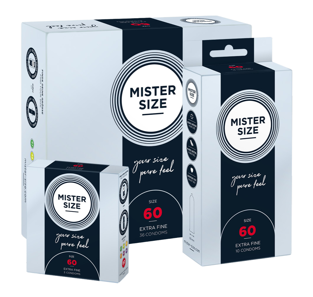 Tri različita pakiranja kondoma Mister Size u veličini 60